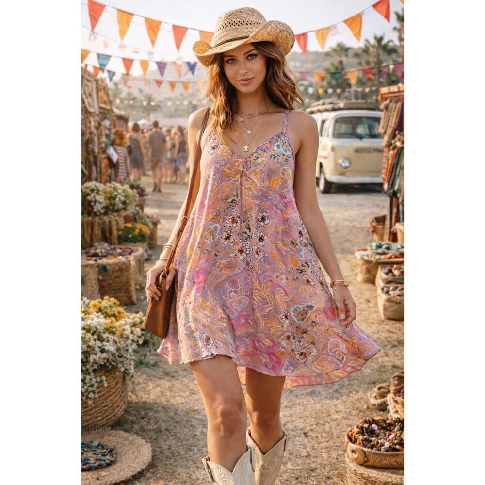 Rhea S/M Boho Floral Dress NWT Crisscross Back V-Neck Flowy Mini Pink Orange A27